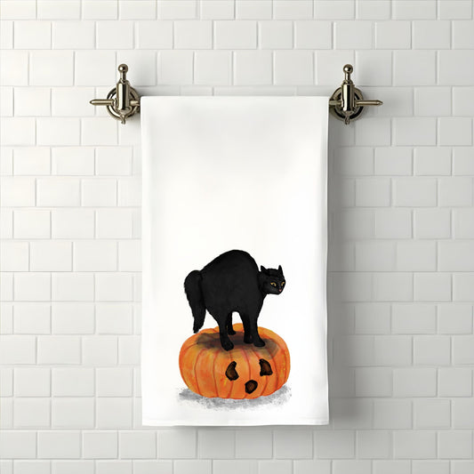 Halloween Black Cat on Pumpkin Bathroom Towel - MerikaArt