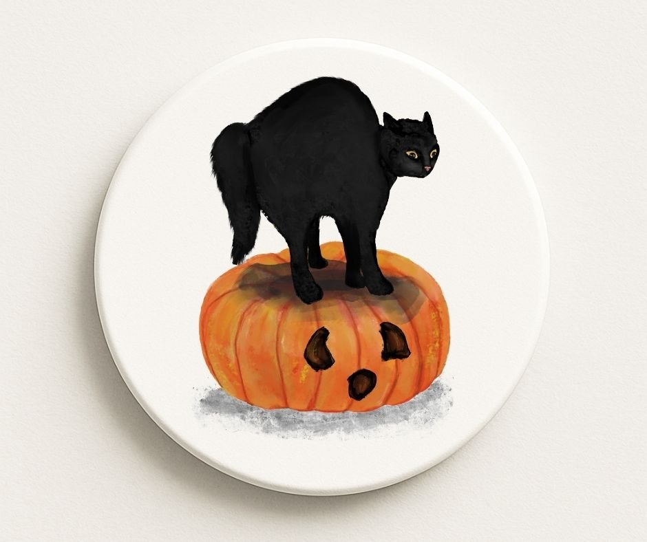 Halloween Black Cat on Pumpkin Ceramic Coaster - MerikaArt