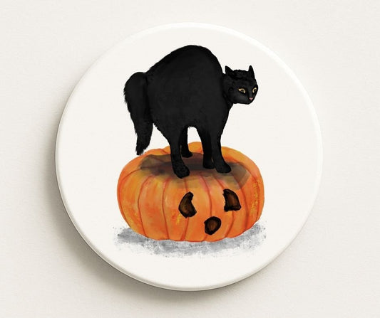 Halloween Black Cat on Pumpkin Ceramic Coaster - MerikaArt