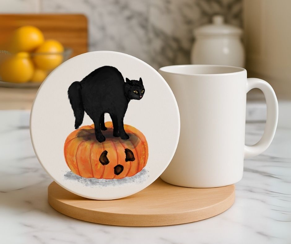 Halloween Black Cat on Pumpkin Ceramic Coaster - MerikaArt