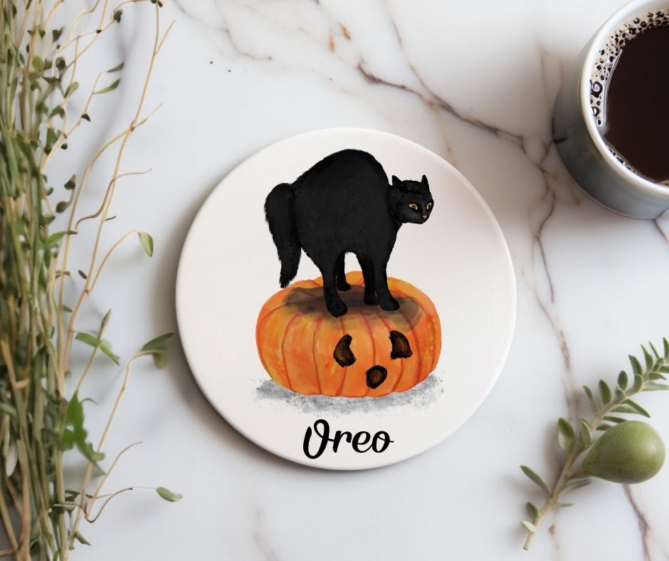 Halloween Black Cat on Pumpkin Ceramic Coaster - MerikaArt
