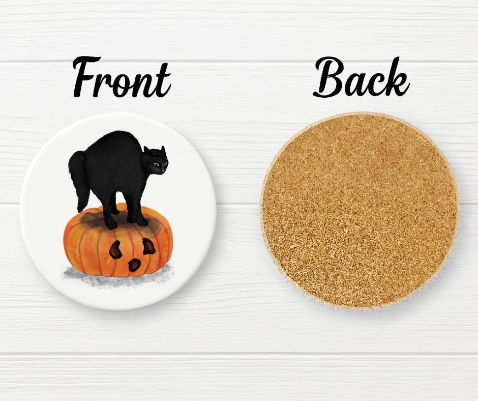 Halloween Black Cat on Pumpkin Ceramic Coaster - MerikaArt