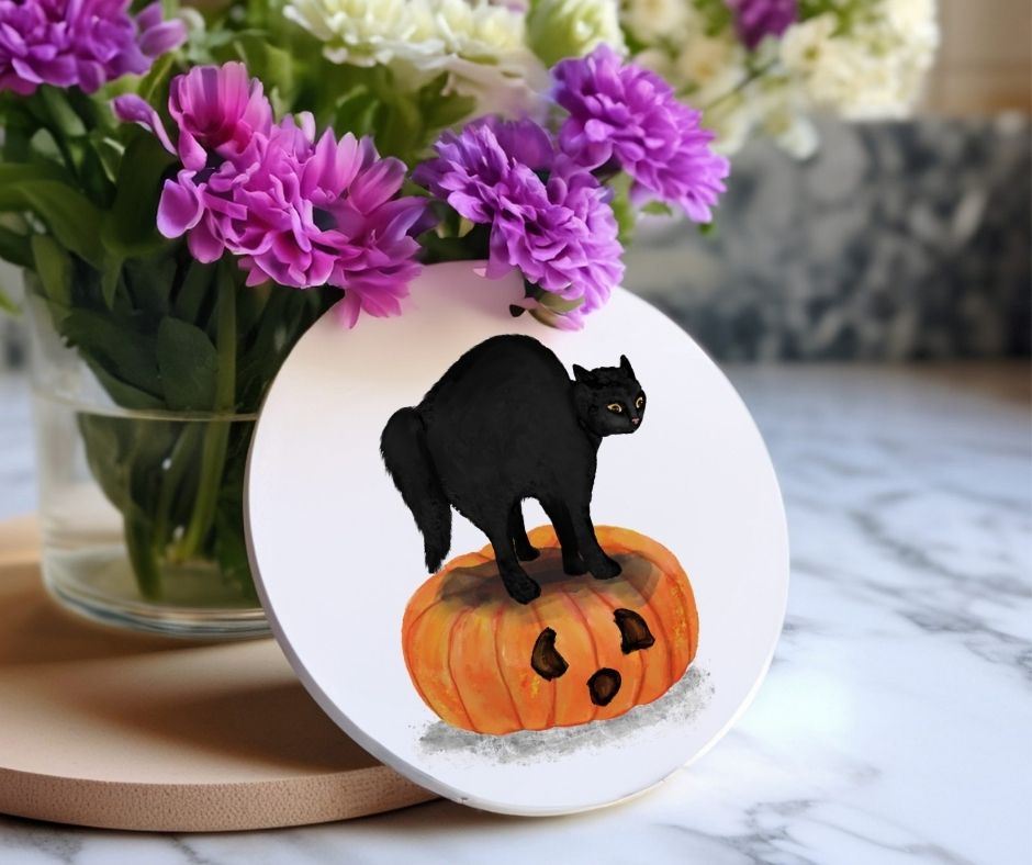 Halloween Black Cat on Pumpkin Ceramic Coaster - MerikaArt