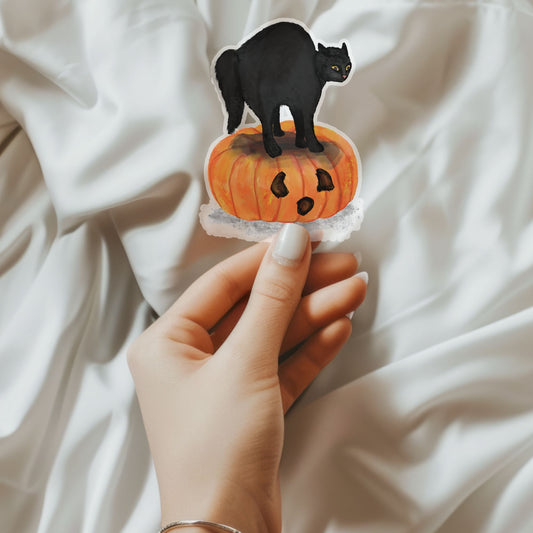 Halloween Black Cat on Pumpkin Sticker - MerikaArt
