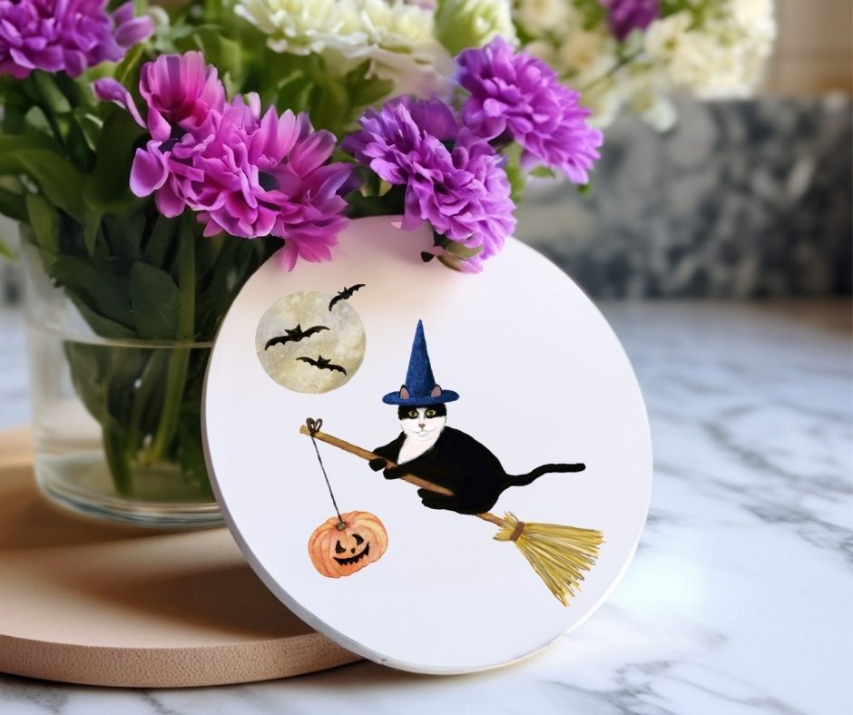 Halloween Black Cat Witch on Broom Ceramic Coaster - MerikaArt