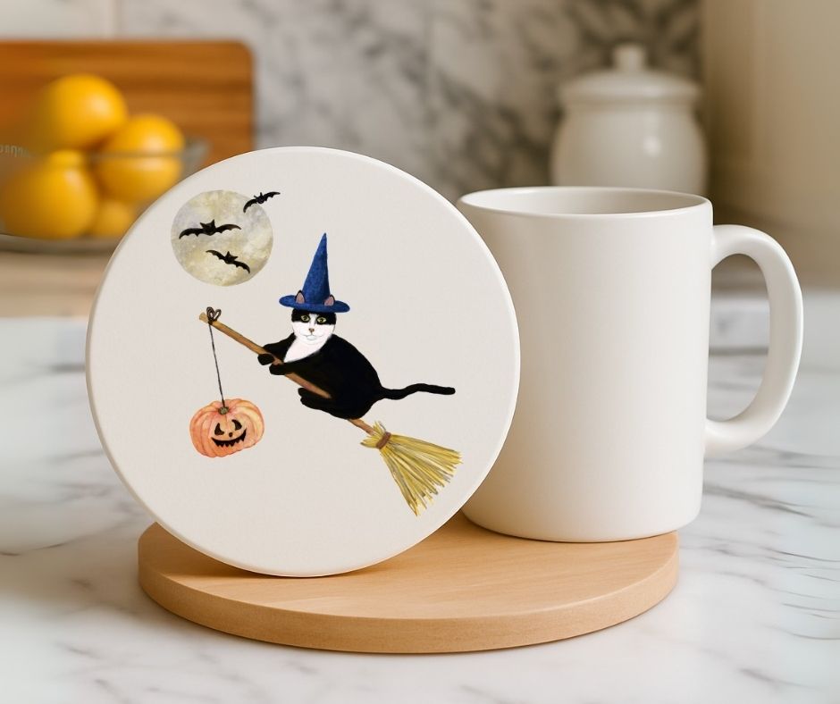 Halloween Black Cat Witch on Broom Ceramic Coaster - MerikaArt