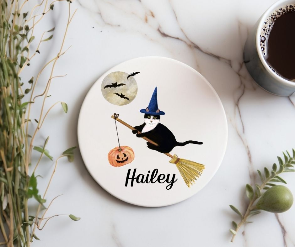 Halloween Black Cat Witch on Broom Ceramic Coaster - MerikaArt