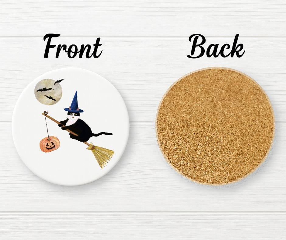 Halloween Black Cat Witch on Broom Ceramic Coaster - MerikaArt