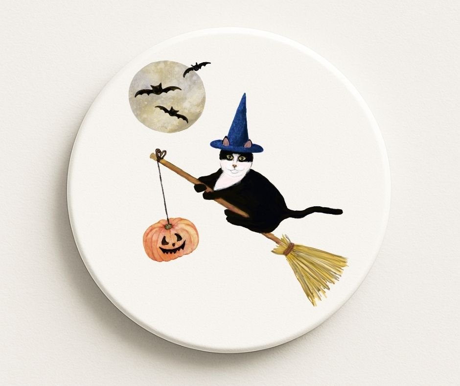 Halloween Black Cat Witch on Broom Ceramic Coaster - MerikaArt