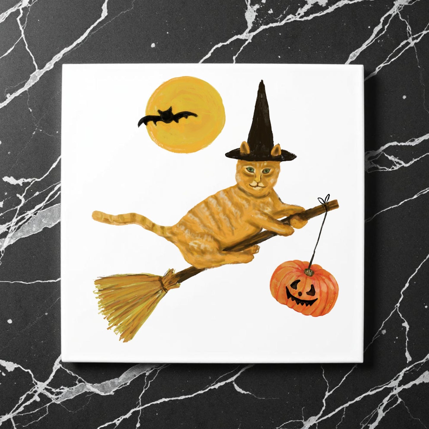 Halloween Ginger Cat on Broom Ceramic Tile - MerikaArt