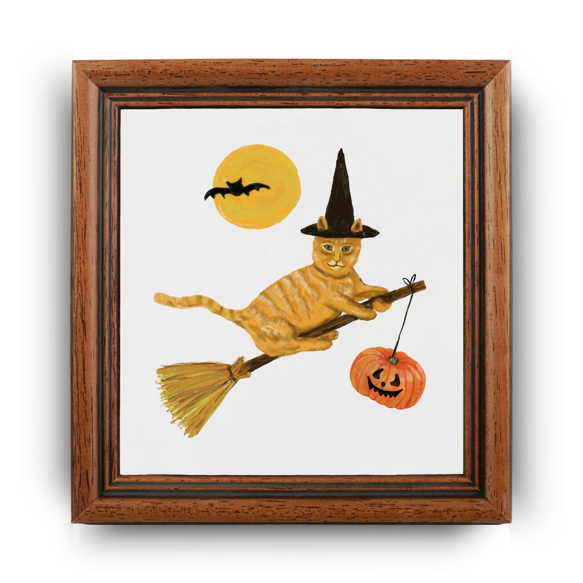Halloween Ginger Cat on Broom Ceramic Tile - MerikaArt