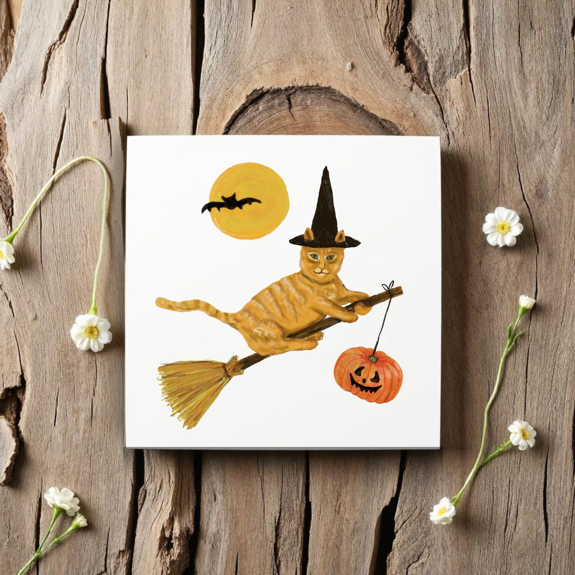 Halloween Ginger Cat on Broom Ceramic Tile - MerikaArt