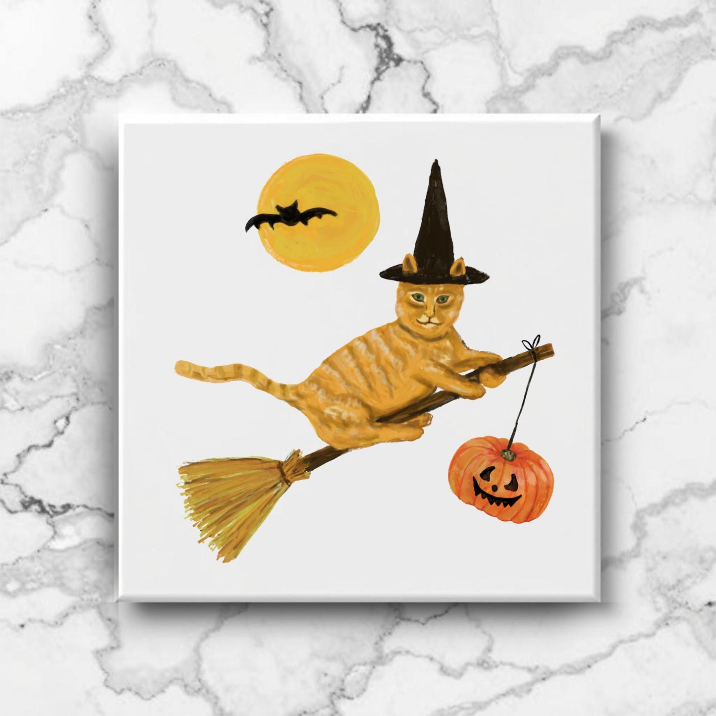 Halloween Ginger Cat on Broom Ceramic Tile - MerikaArt