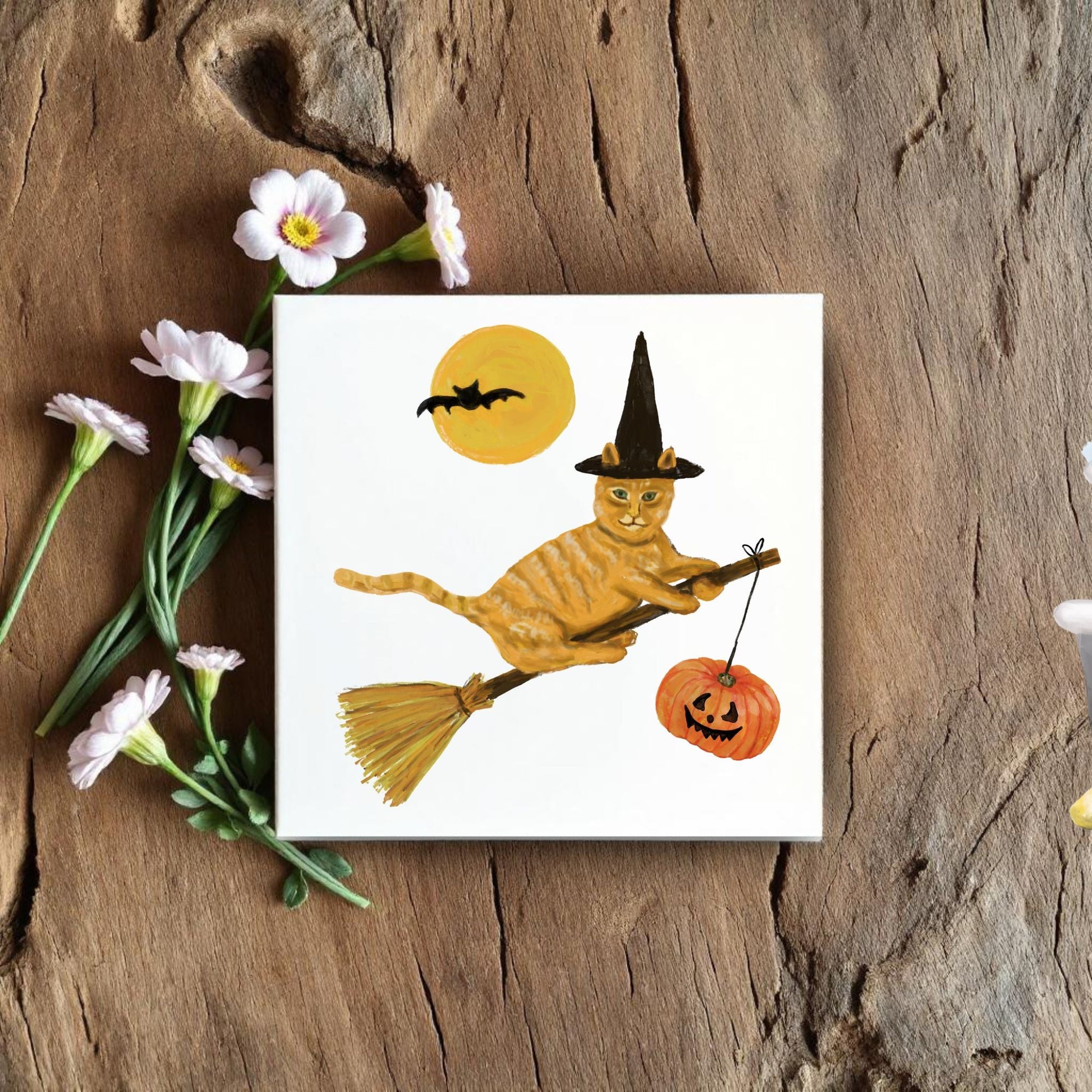 Halloween Ginger Cat on Broom Ceramic Tile - MerikaArt
