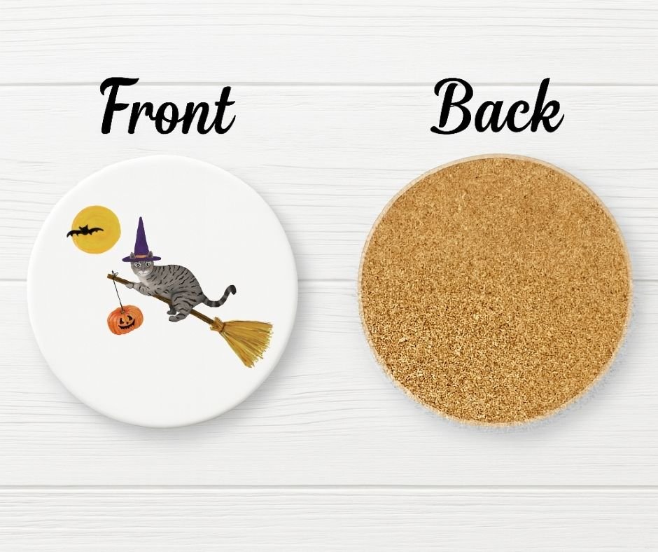 Halloween Gray Tabby Cat on Broom Ceramic Coaster - MerikaArt