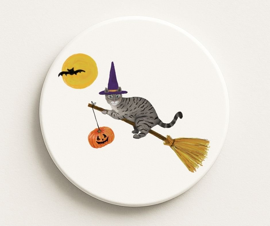Halloween Gray Tabby Cat on Broom Ceramic Coaster - MerikaArt
