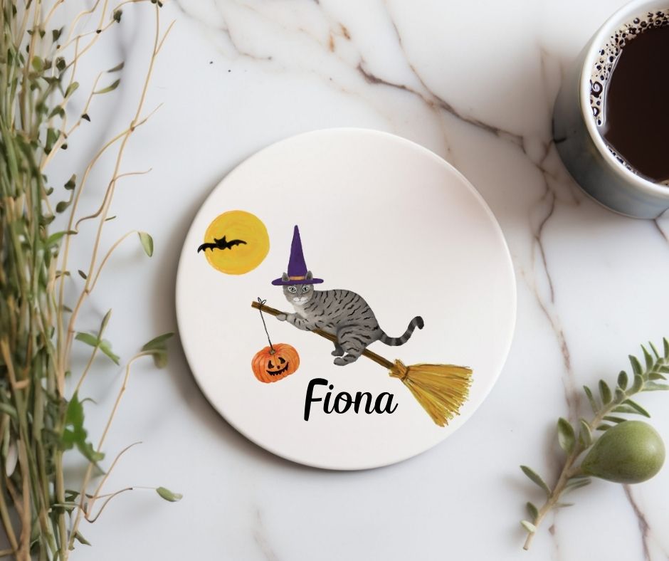 Halloween Gray Tabby Cat on Broom Ceramic Coaster - MerikaArt
