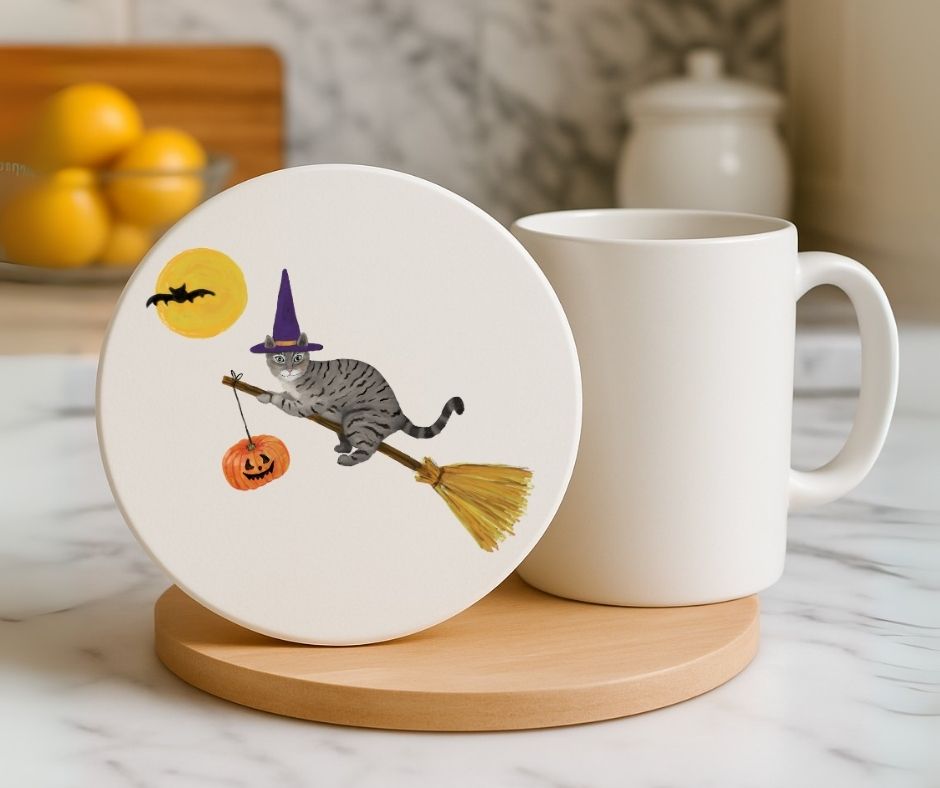 Halloween Gray Tabby Cat on Broom Ceramic Coaster - MerikaArt