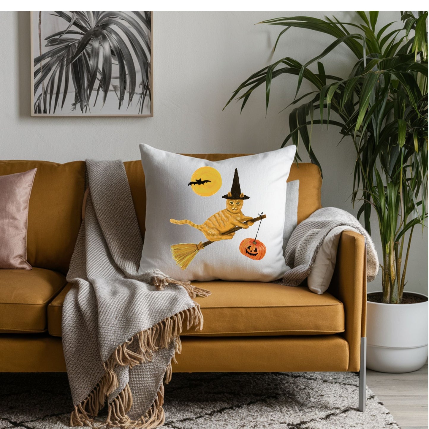 Halloween Orange Tabby Witch Cat Pillow - MerikaArt