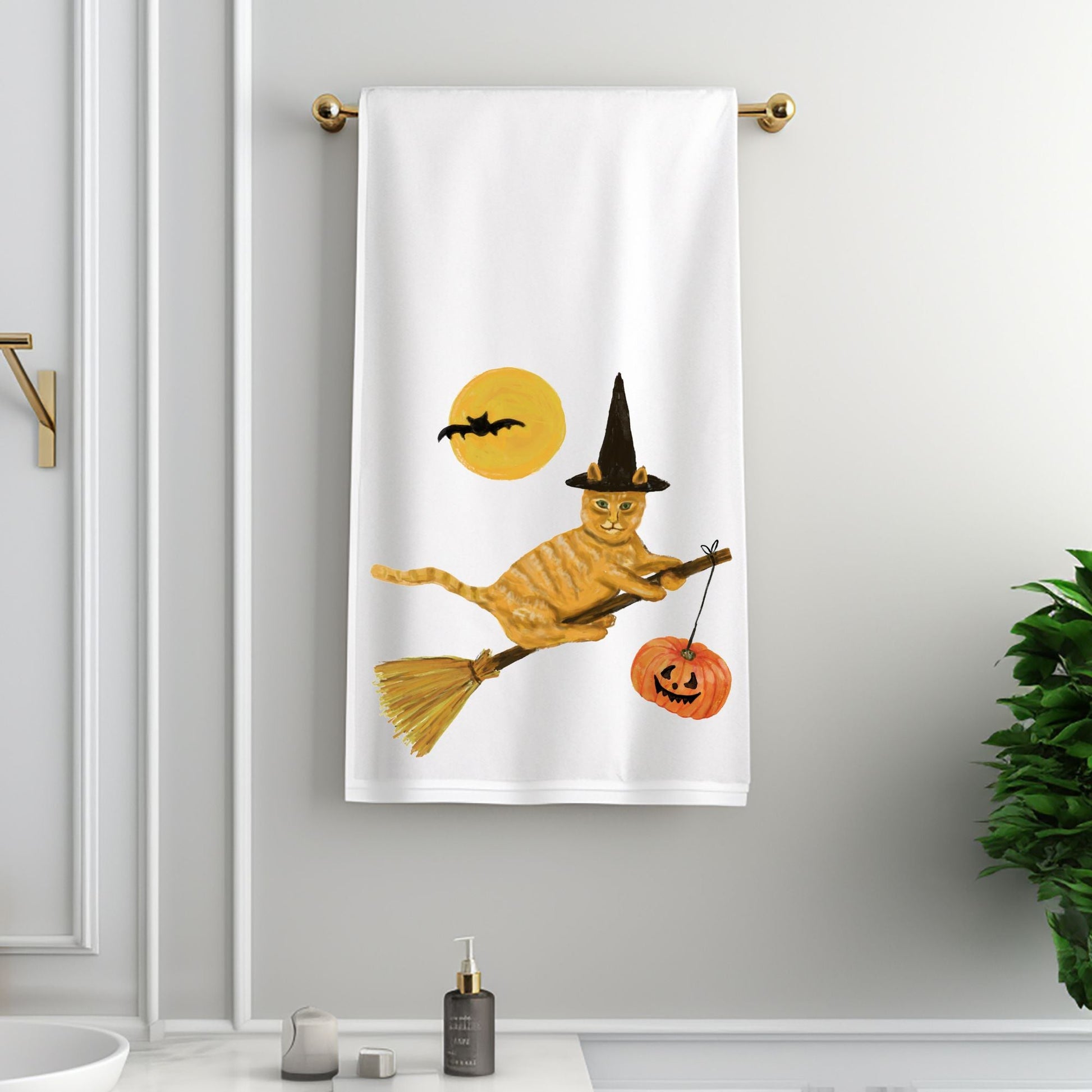 Halloween Orange Witch Cat Bathroom Towel - MerikaArt