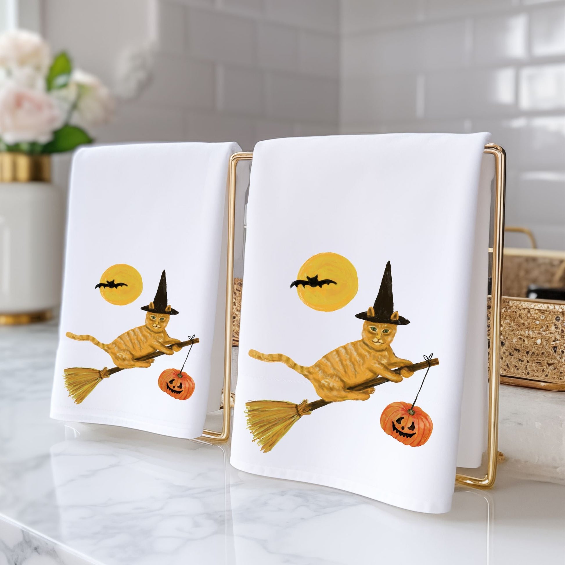 Halloween Orange Witch Cat Bathroom Towel - MerikaArt