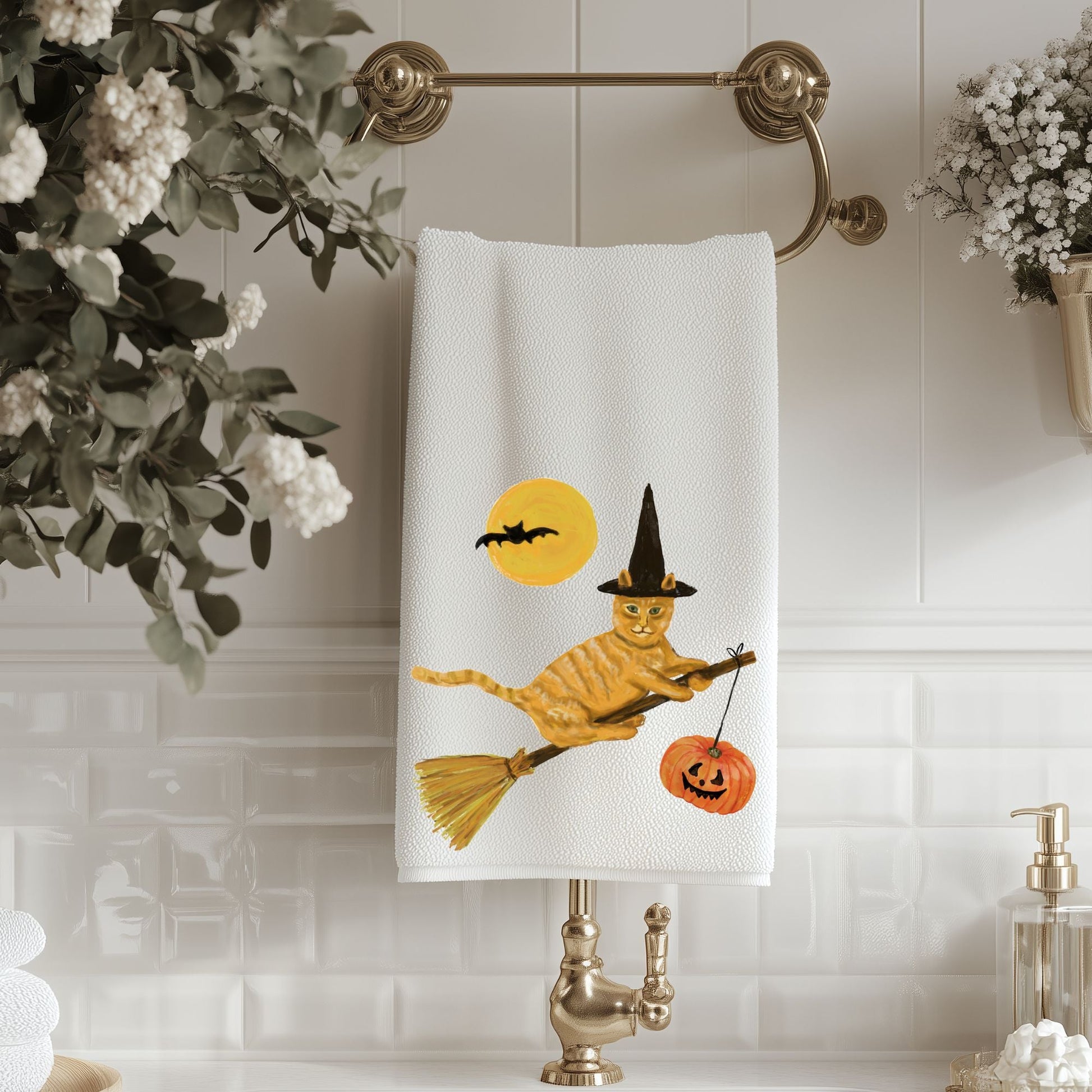 Halloween Orange Witch Cat Bathroom Towel - MerikaArt