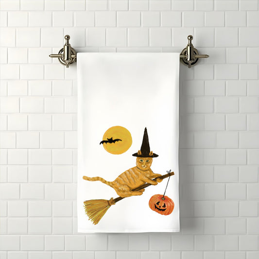 Halloween Orange Witch Cat Bathroom Towel - MerikaArt
