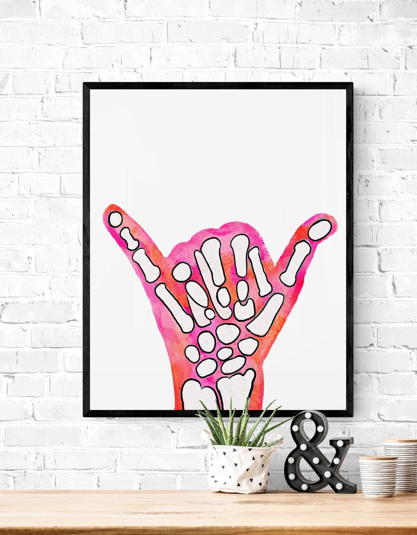 Halloween Shaka Sign Painting, Pink an Orange Peace Sign Artwork, Holiday Wall Art, Skeleton Hand Shaka Sign, Fall Painting - MerikaArt