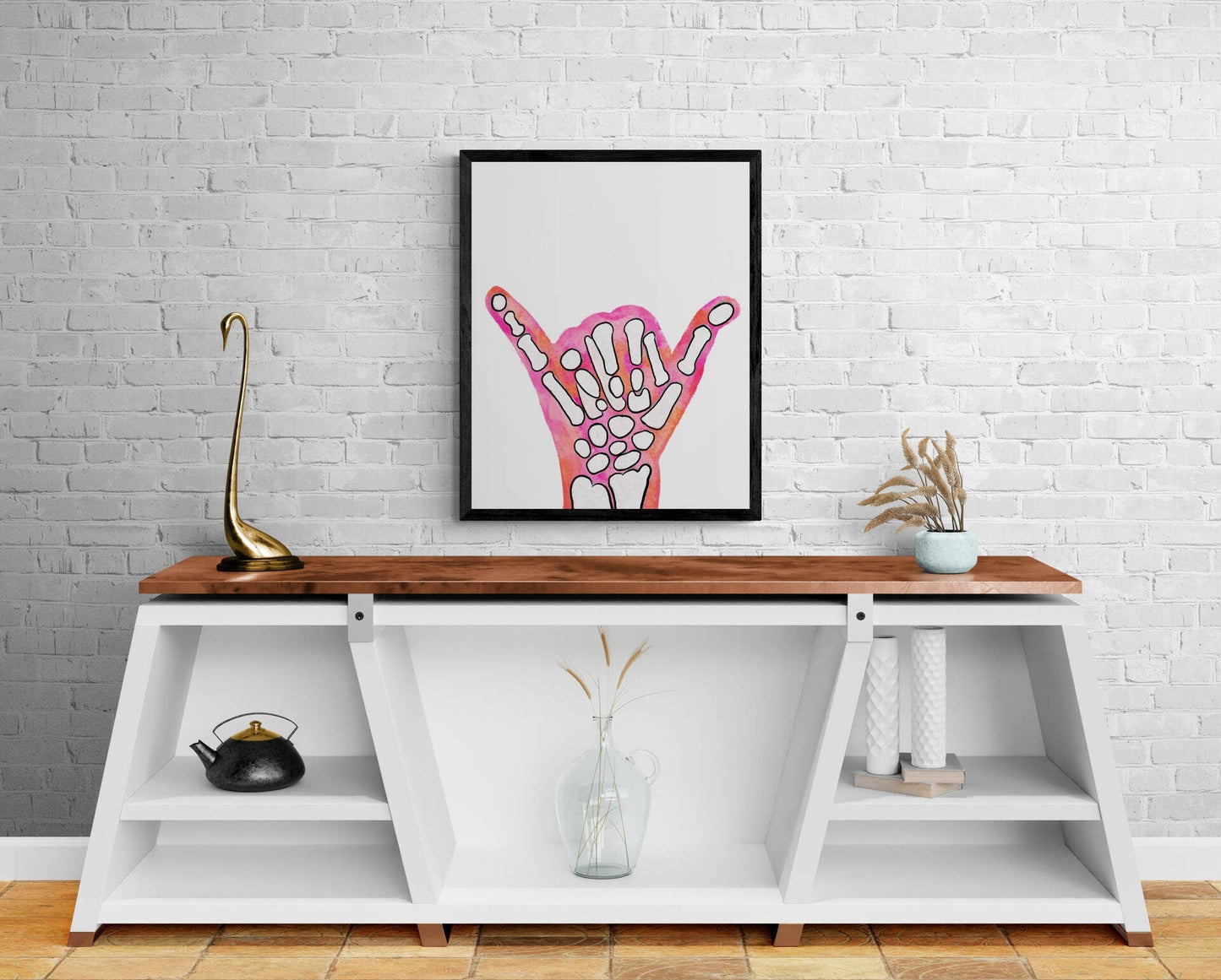 Halloween Shaka Sign Painting, Pink an Orange Peace Sign Artwork, Holiday Wall Art, Skeleton Hand Shaka Sign, Fall Painting - MerikaArt