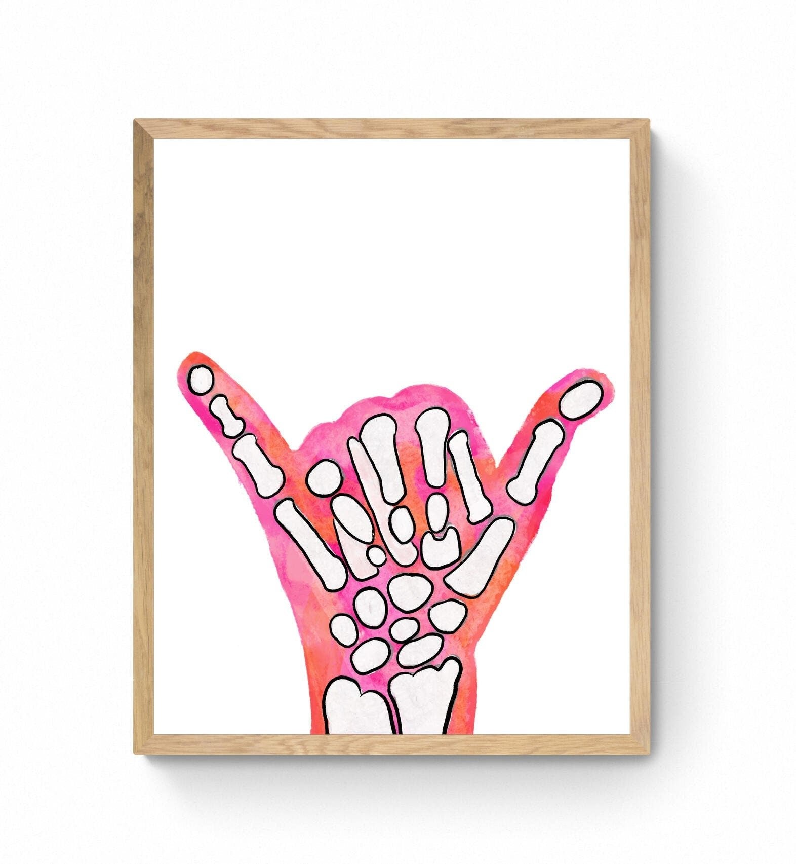 Halloween Shaka Sign Painting, Pink an Orange Peace Sign Artwork, Holiday Wall Art, Skeleton Hand Shaka Sign, Fall Painting - MerikaArt