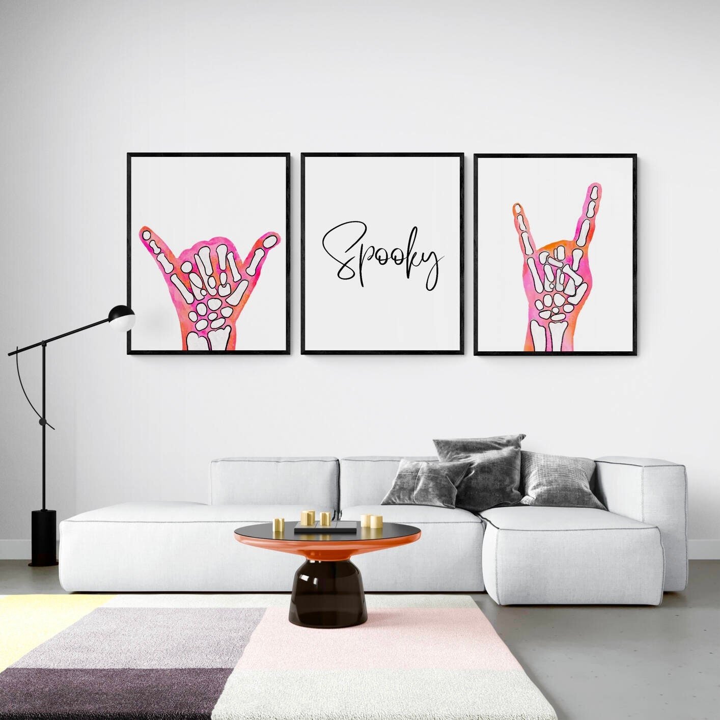 Halloween Sign Set of 3, Pink an Orange Shaka and Peace Sign Artwork, Spooky Holiday Wall Art, Skeleton Hand Shaka Sign, Fall Painting - MerikaArt