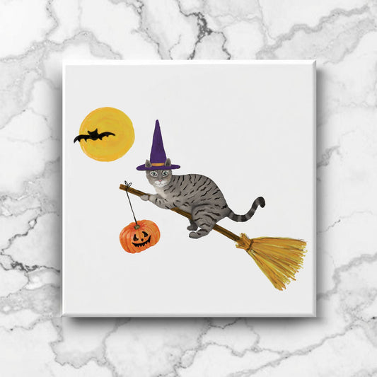 Halloween Tabby Cat on Broom Ceramic Tile - MerikaArt