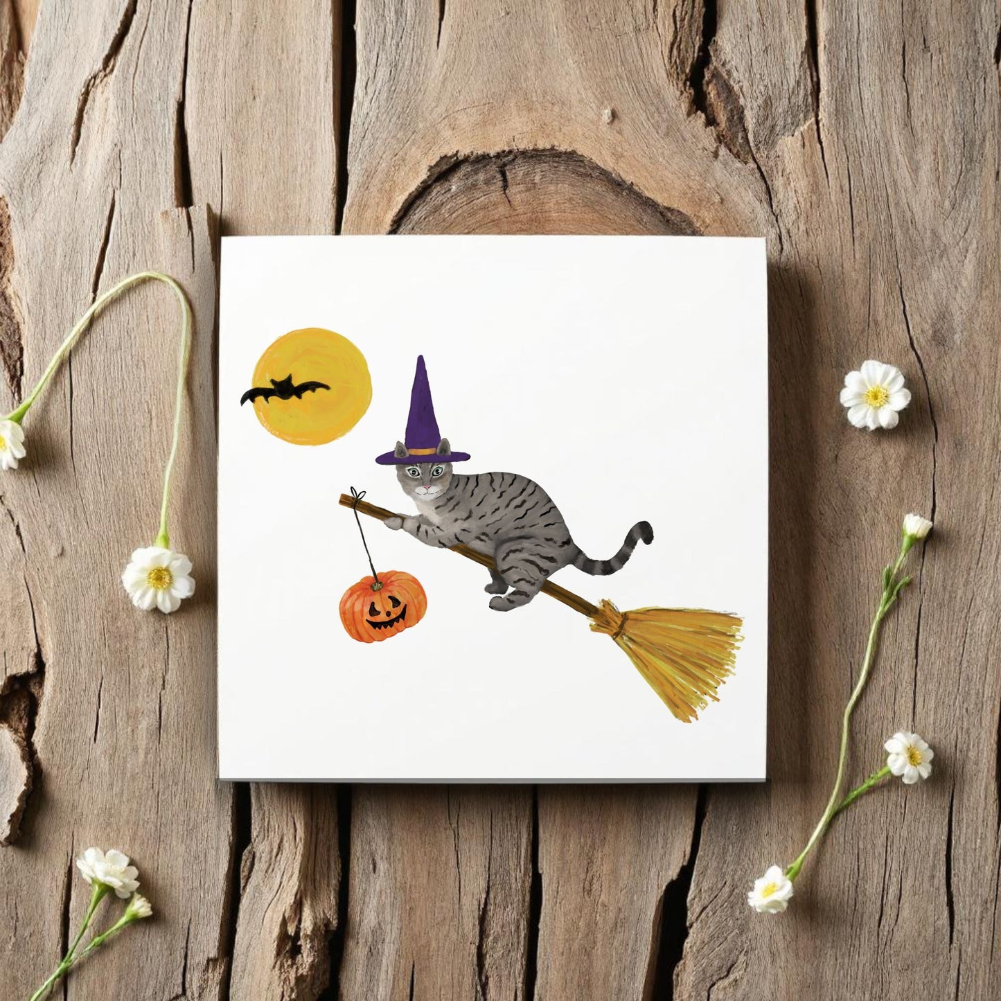 Halloween Tabby Cat on Broom Ceramic Tile - MerikaArt