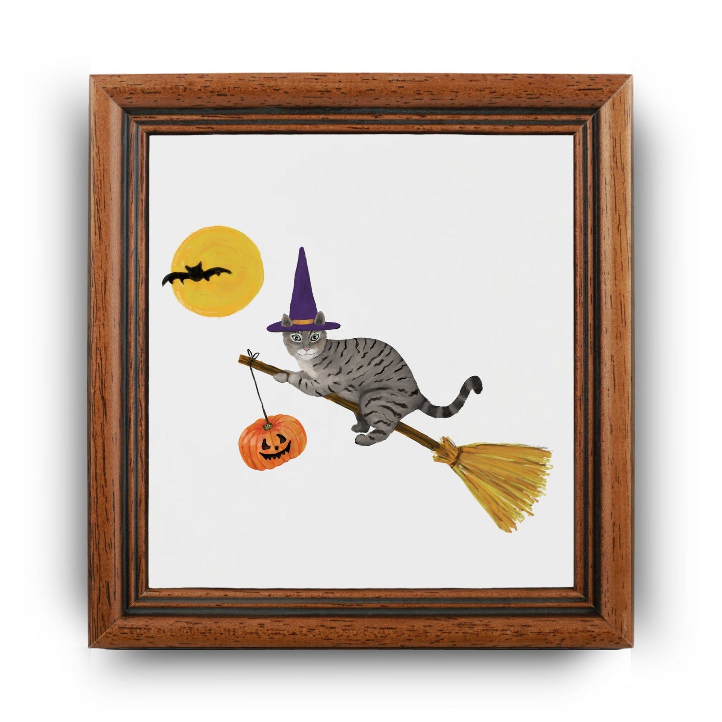 Halloween Tabby Cat on Broom Ceramic Tile - MerikaArt