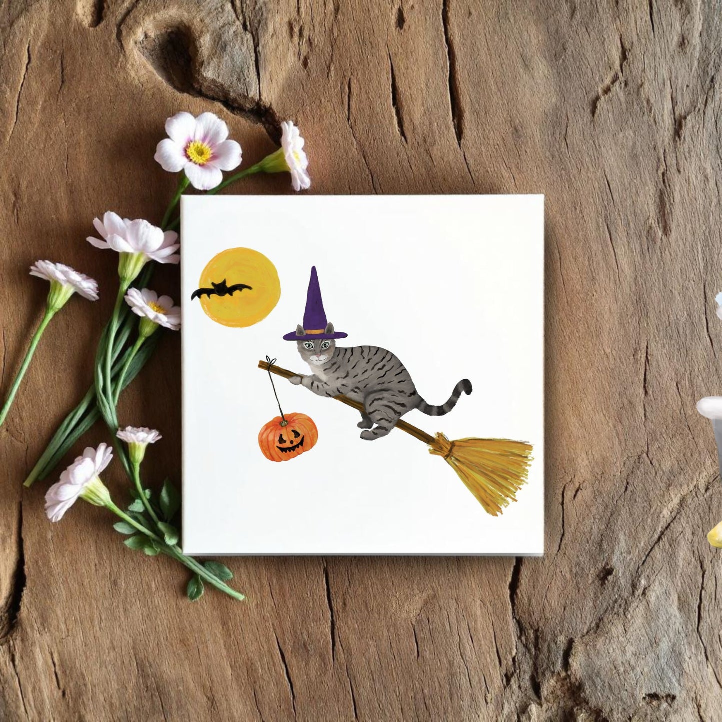 Halloween Tabby Cat on Broom Ceramic Tile - MerikaArt