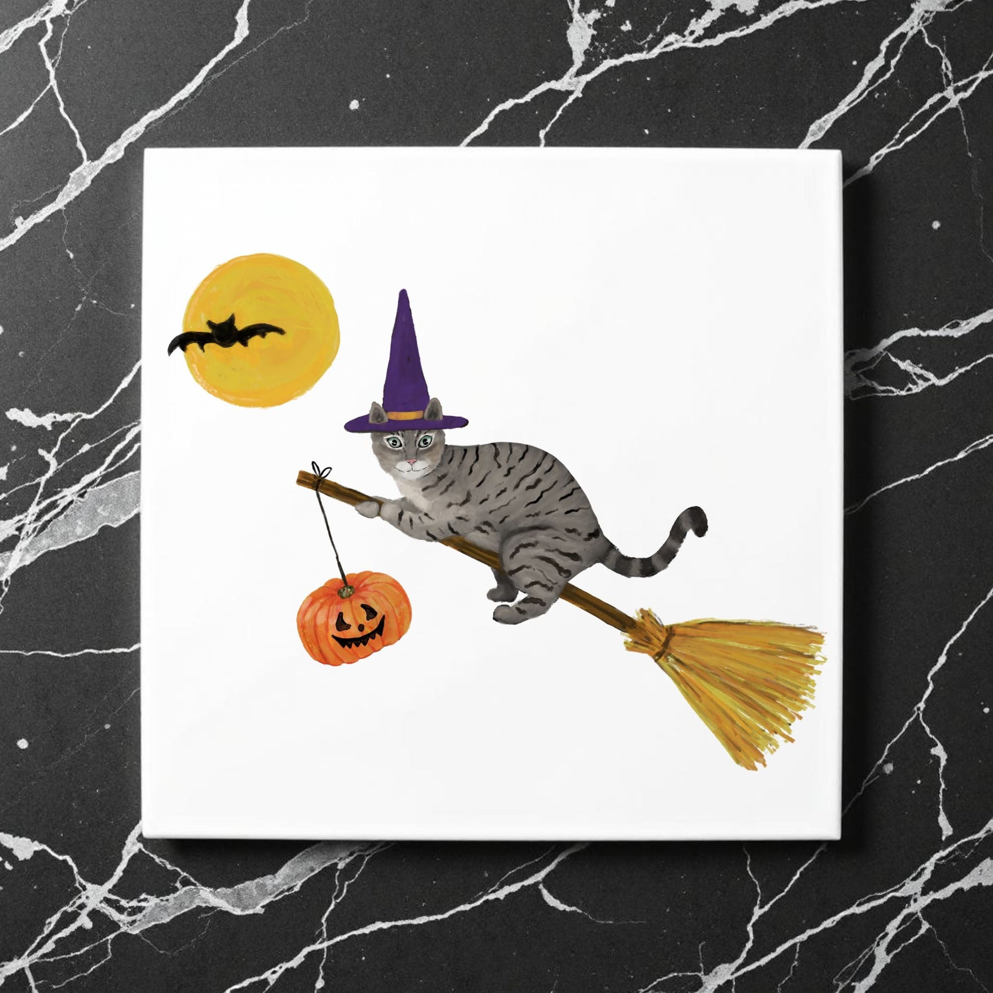 Halloween Tabby Cat on Broom Ceramic Tile - MerikaArt