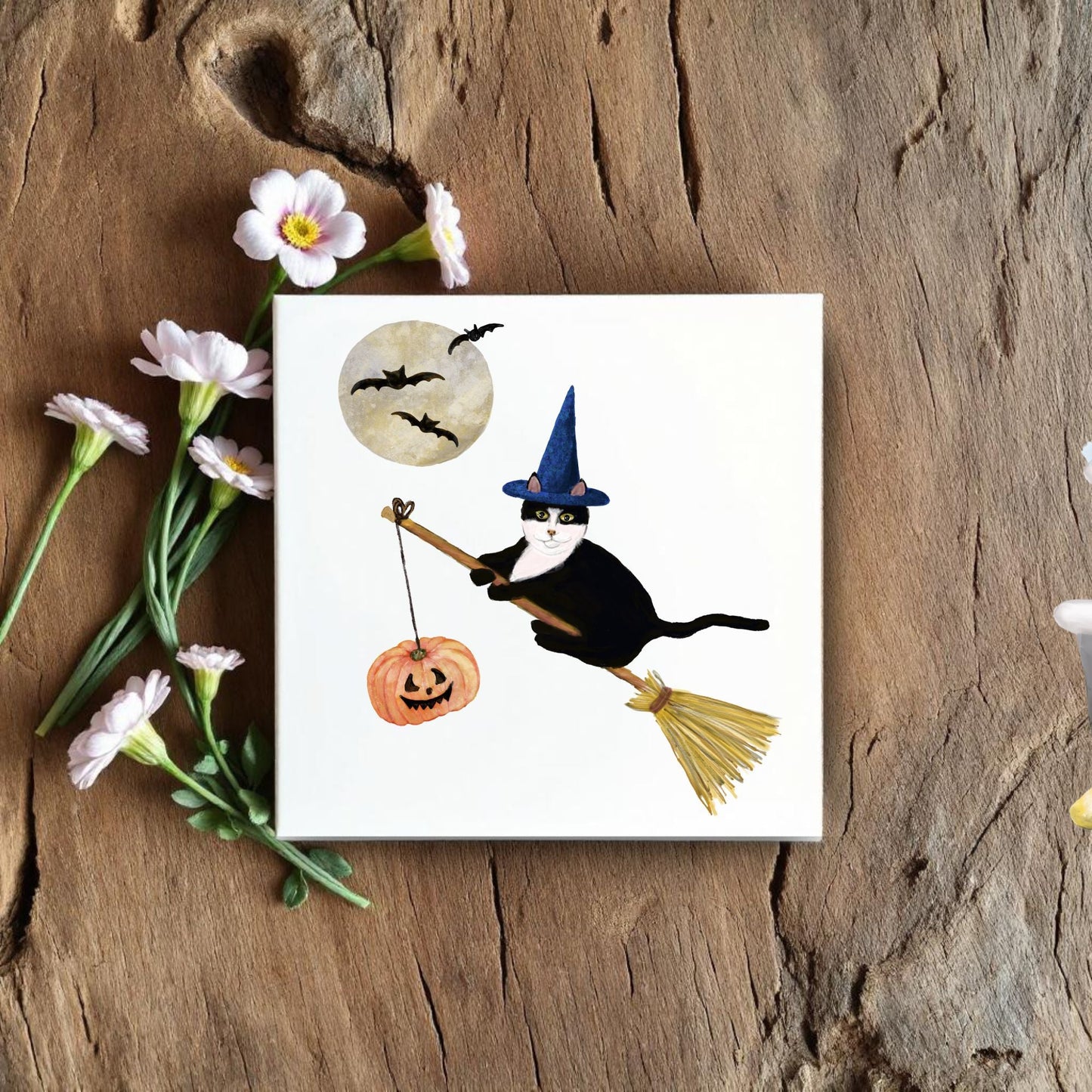 Halloween Tuxedo Cat on Broom Ceramic Tile - MerikaArt