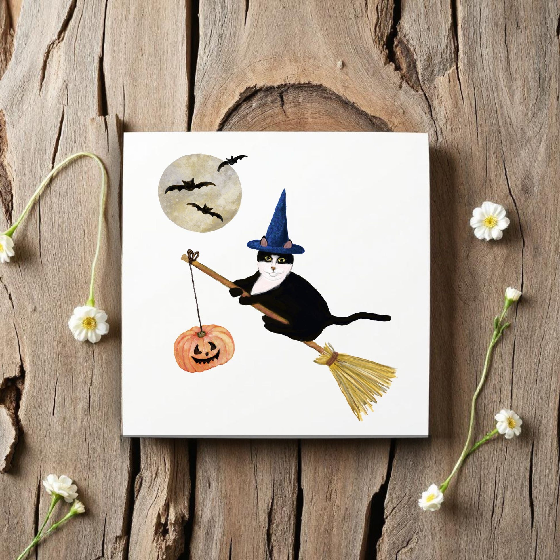 Halloween Tuxedo Cat on Broom Ceramic Tile - MerikaArt