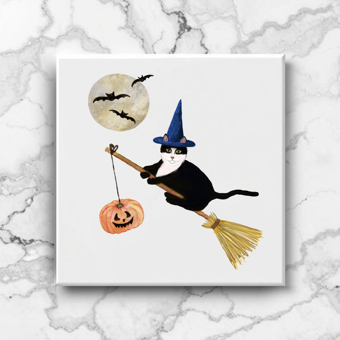 Halloween Tuxedo Cat on Broom Ceramic Tile - MerikaArt