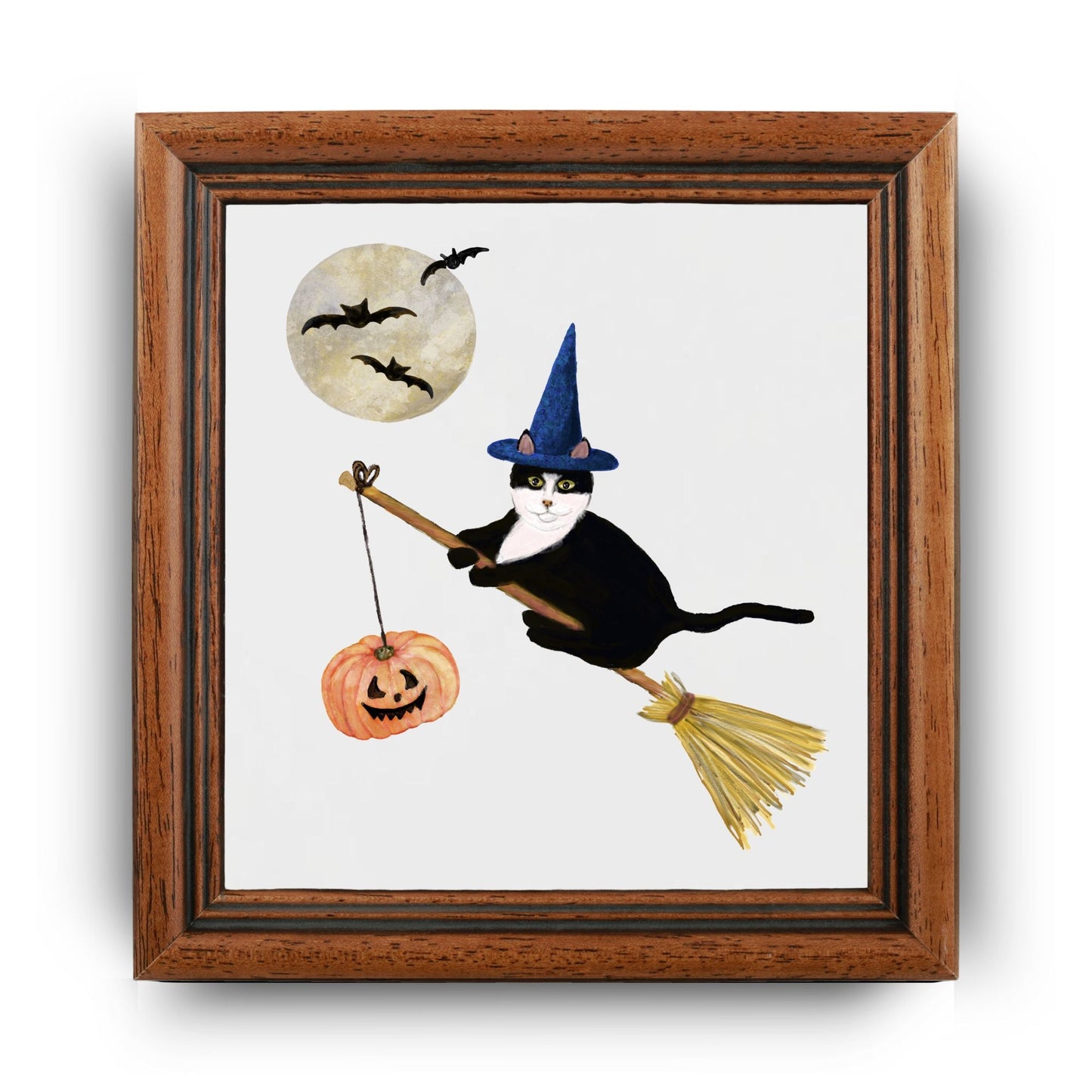Halloween Tuxedo Cat on Broom Ceramic Tile - MerikaArt