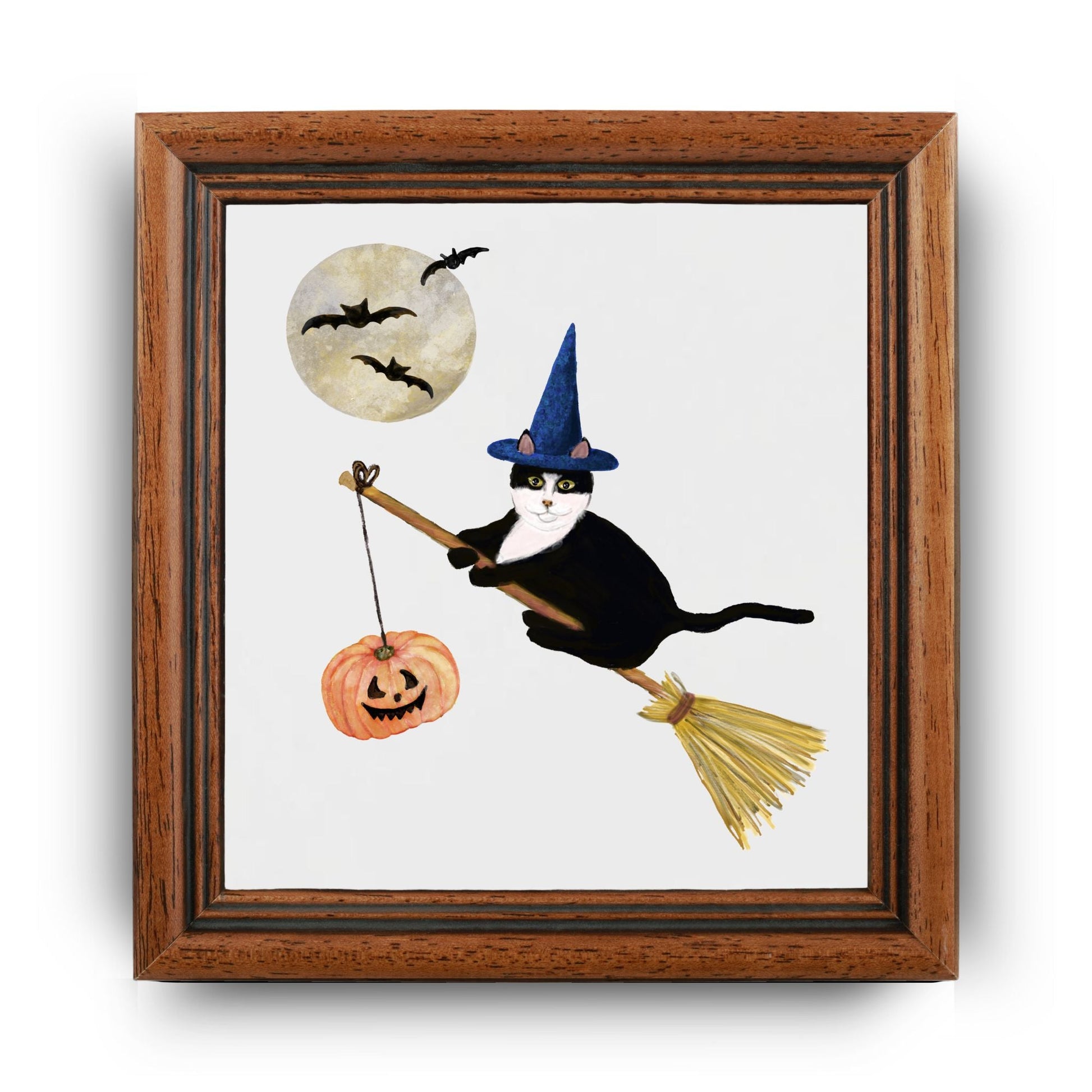 Halloween Tuxedo Cat on Broom Ceramic Tile - MerikaArt