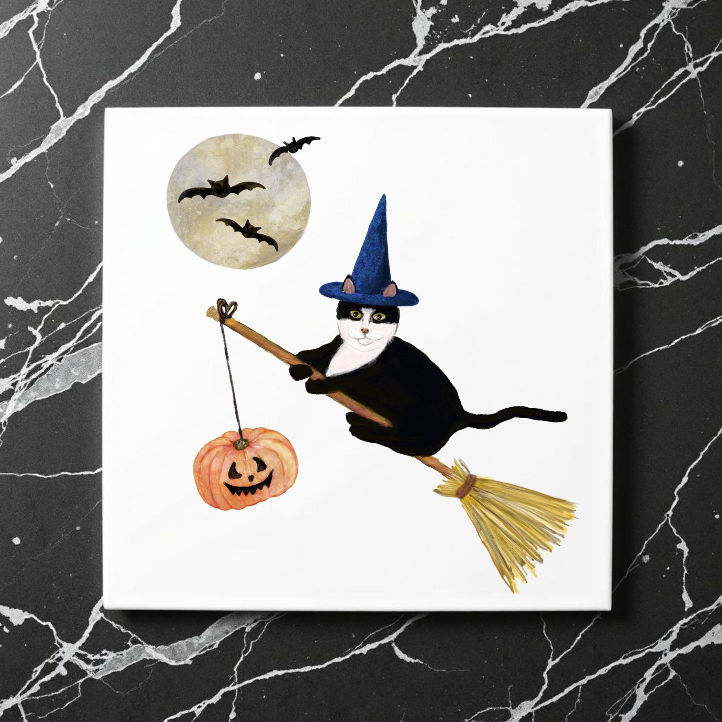 Halloween Tuxedo Cat on Broom Ceramic Tile - MerikaArt
