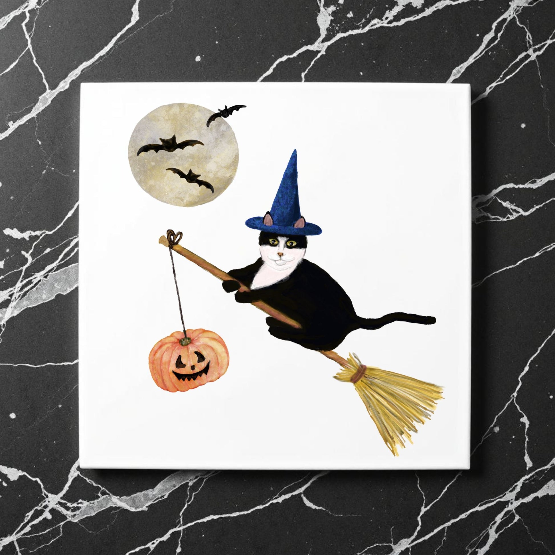 Halloween Tuxedo Cat on Broom Ceramic Tile - MerikaArt