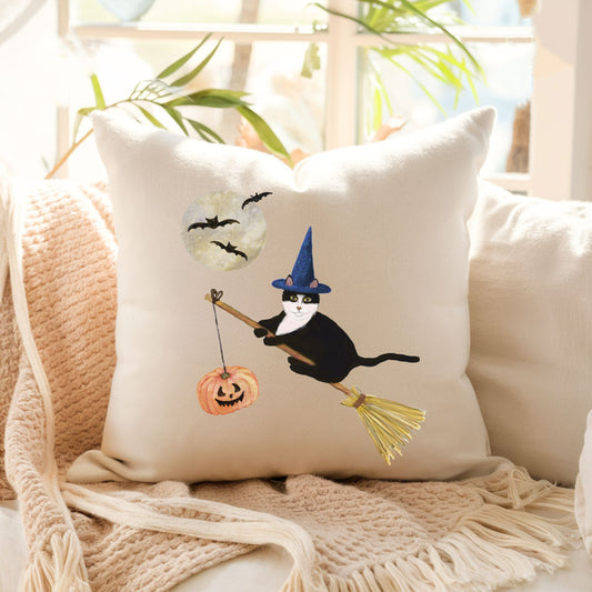Halloween Tuxedo Witch Cat Pillow - MerikaArt