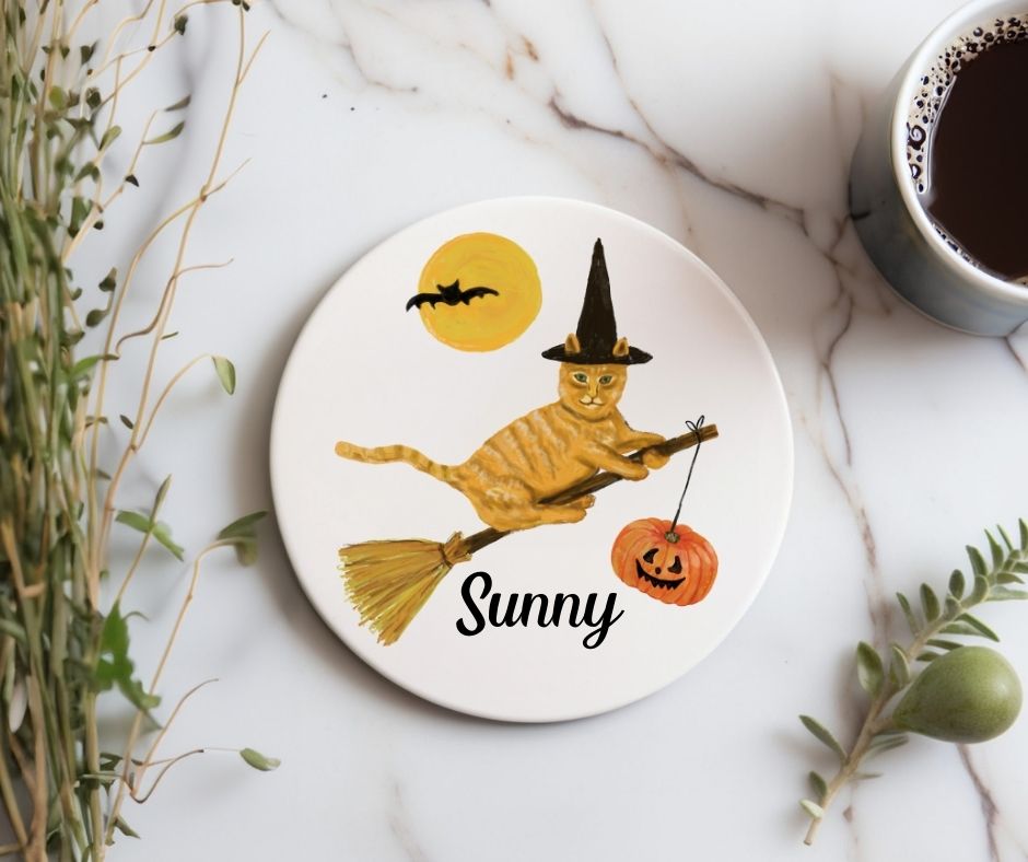 Halloween Witch Cat Ceramic Coaster - MerikaArt