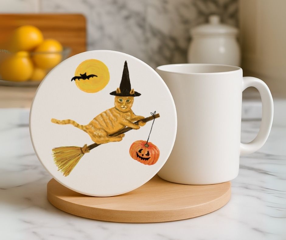 Halloween Witch Cat Ceramic Coaster - MerikaArt
