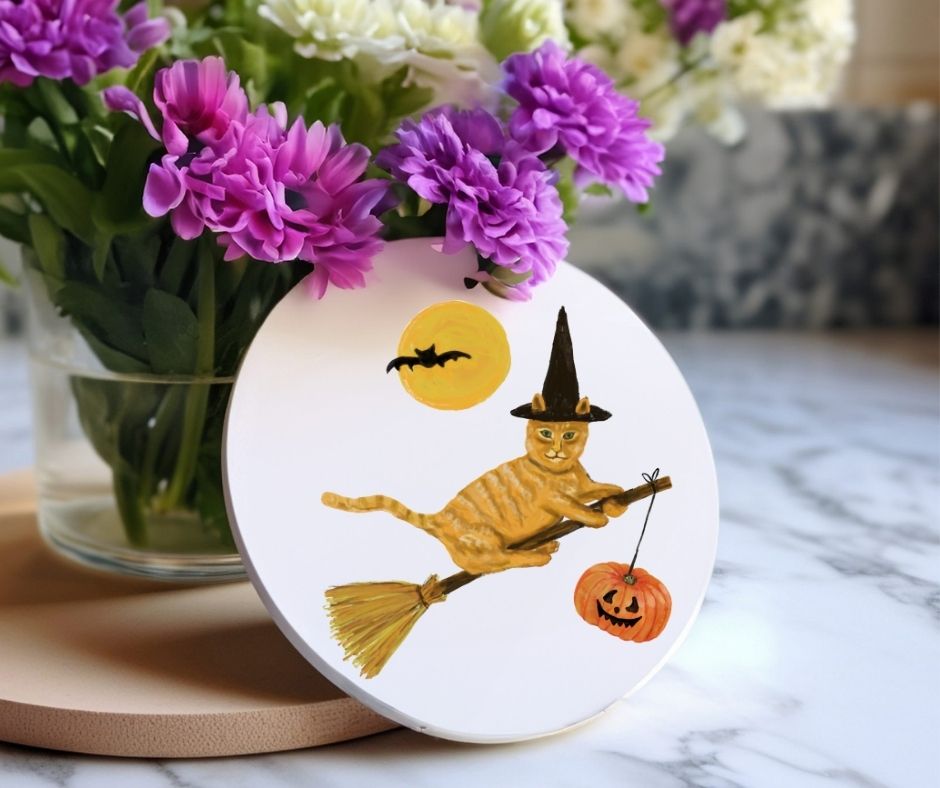Halloween Witch Cat Ceramic Coaster - MerikaArt