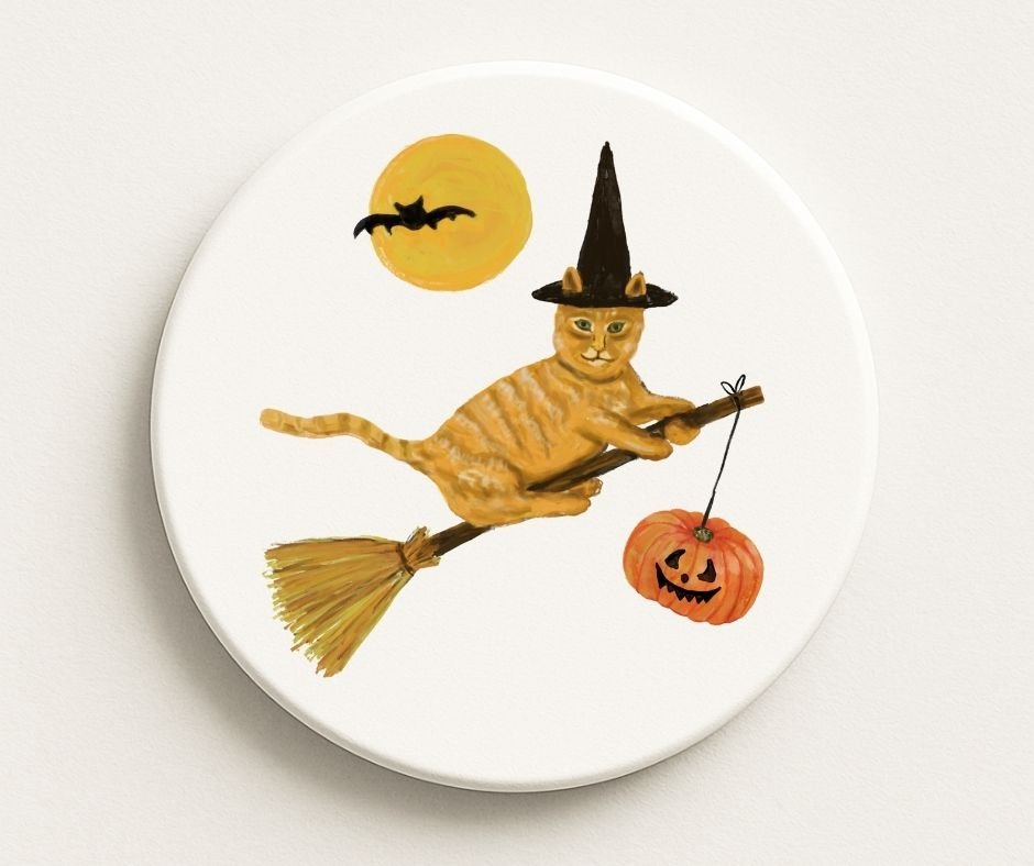 Halloween Witch Cat Ceramic Coaster - MerikaArt