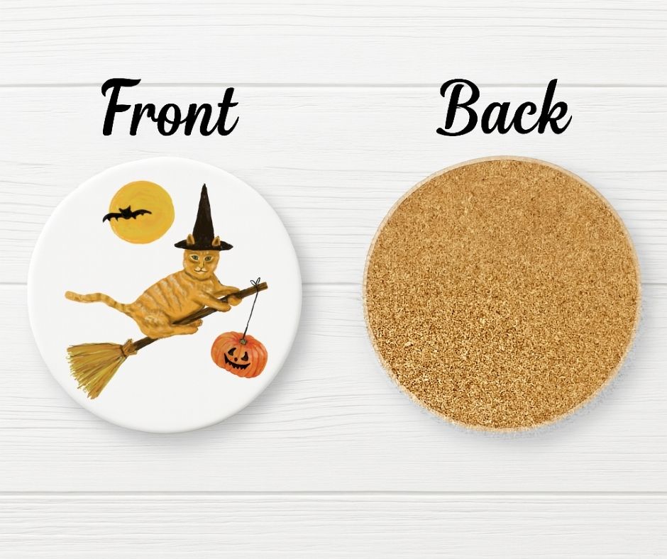 Halloween Witch Cat Ceramic Coaster - MerikaArt