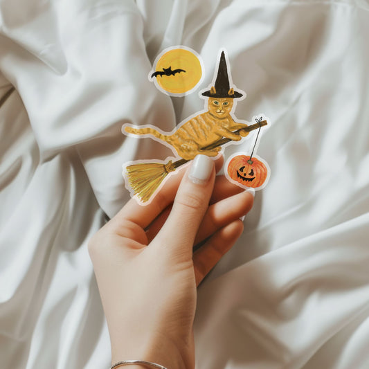 Halloween Witch Ginger Tabby Cat Sticker - MerikaArt